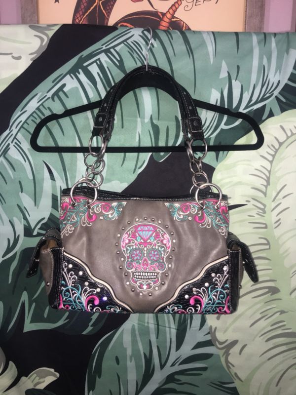 Sugar Skull Pink Blue Embellished Studded Rhinestone Purse Shoulder Bag Handbag