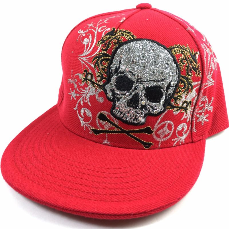 Bling Sugar Skull Dragon Embroidered Flat Fitted Sport Hat Cap Bill Red White