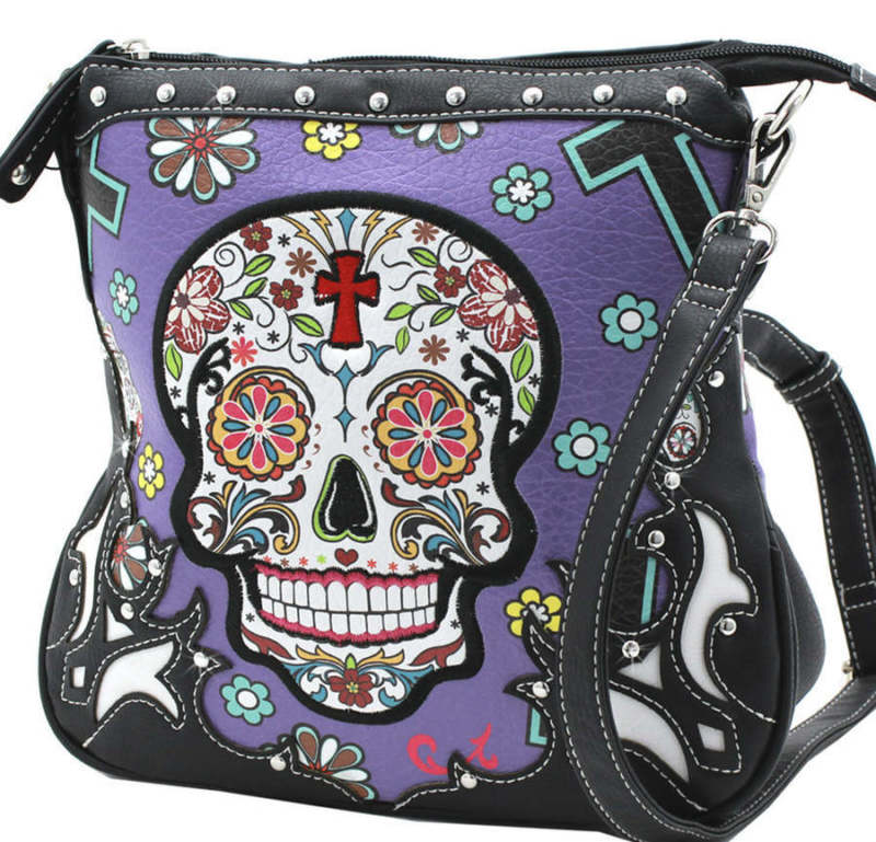 Purple Sugar Skull Concealed Carry Handgun Messenger Bag/Purse