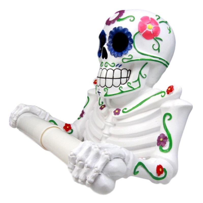 White Day Of The Dead Sugar Skull Floral Skeleton Bathroom Toilet Paper Holder