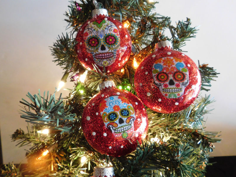 Sugar Skulls Decorated Glass Christmas Ornaments - Set of 4