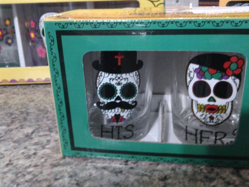 Sugar Skulls Day Of The Dead Party Set Wine, His & Hers Shot Glasses & Lantern