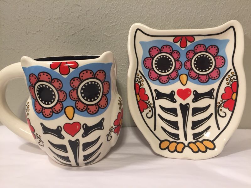 Cracker Barrel Sugar Skull Owl Mug /Cup & Plate Day Of The Dead Halloween NEW