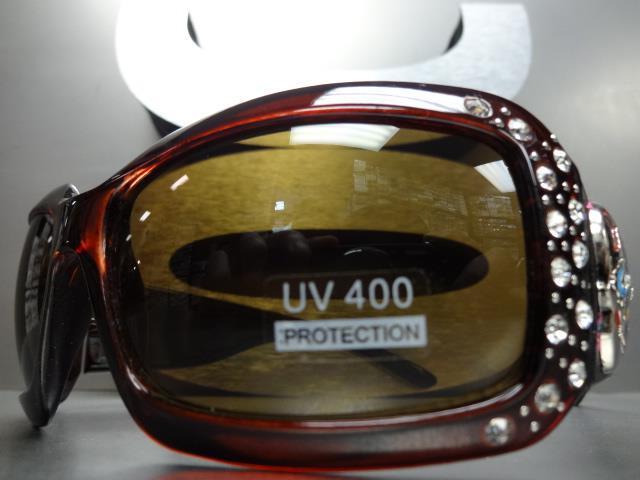 Women's WESTERN Bling COWGIRL SUN GLASSES Brown Frame & Lens Sugar Skull Concho