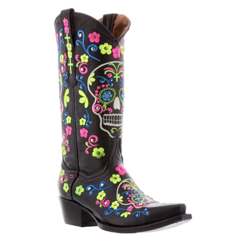 Womens Black Sugar Skull Halloween Leather Boots Western Cowgirl Style Snip Toe