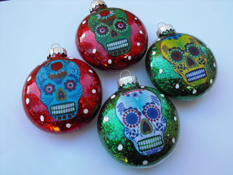 Sugar Skulls Decorated Glass Christmas Ornaments - Set of 4