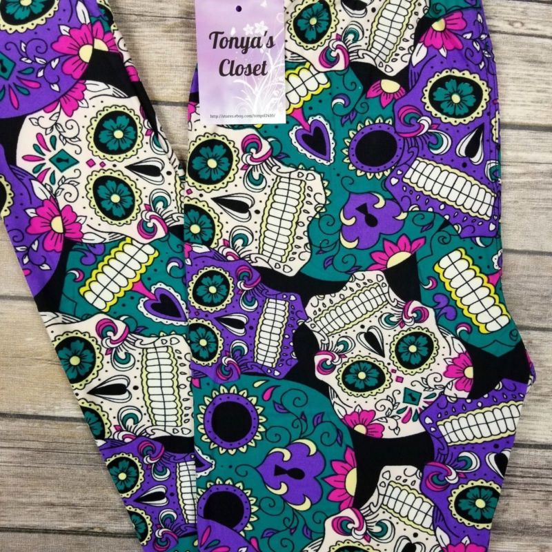 Sugar Skull Leggings Purple Teal Pink Skeleton Printed ONE SIZE OS 2-10