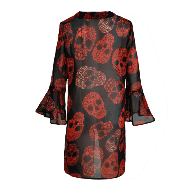Womens Skull Print Chiffon Kimono Coat Flare Sleeve Summer Beach Casual Cardigan