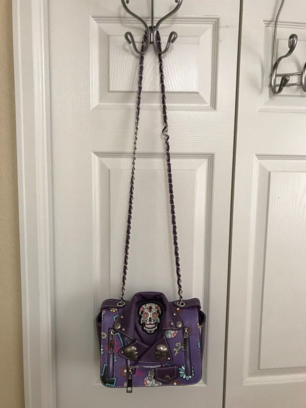 Cowgirl Trendy SUGAR SKULL MOTORCYCLE JACKET HANDBAG w/Flap & Chain Strap PURPLE