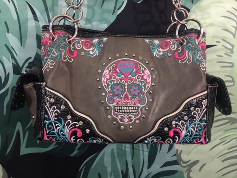 Sugar Skull Pink Blue Embellished Studded Rhinestone Purse Shoulder Bag Handbag