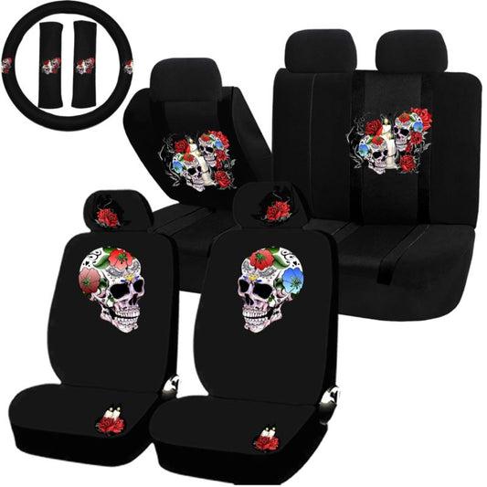 Till Death Skull Red Rose Seat Covers Steering Wheel Set Universal Car Truck SUV