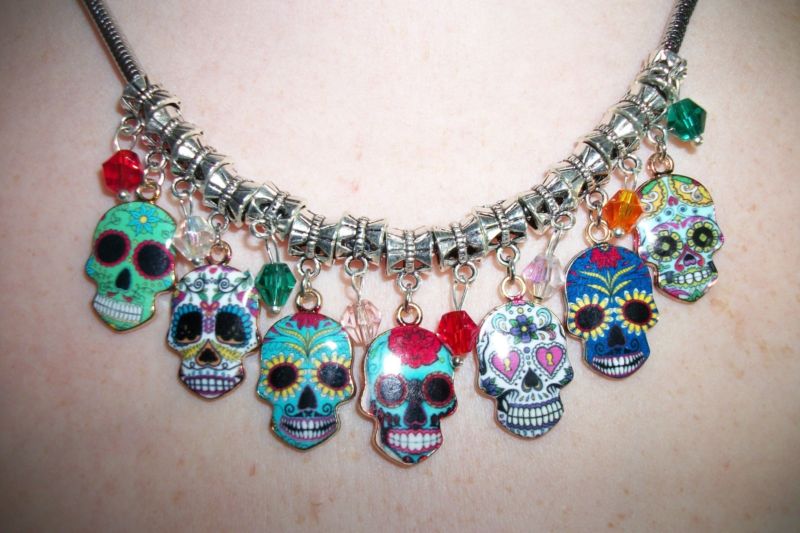 19" SUGAR SKULL CHARM NECKLACE, DAY OF THE DEAD SKULL NECKLACE, Snake Chain, NEW