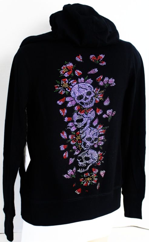 JUNIOR LIGHT HOODIE SKULLS BONES RHINESTONE TOP SKULL NEW S - 2XL