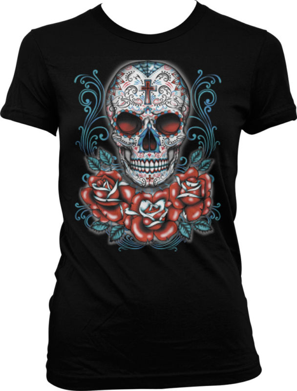 Sugar Skull and Roses - Day of the Dead Skull Art Juniors T-shirt