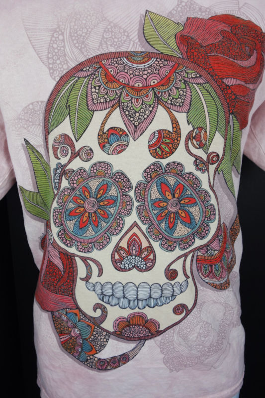 Medium Calavera Tattoo Sugar Skull Pink T Shirt Day of Dead Mountain Mens M - Pre-owned