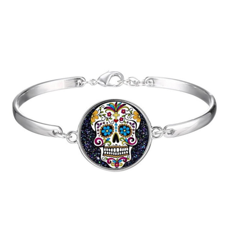 Art Gothic Bracelet Wristband Skull Bangle Glass Flower Sugar Silver Plated