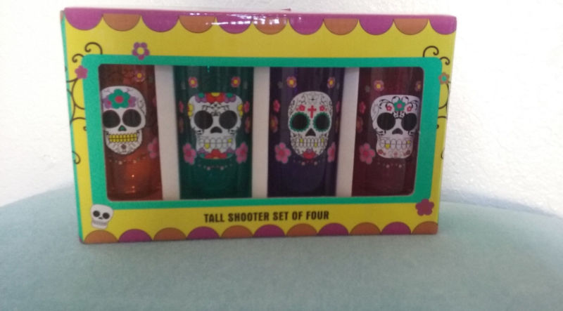 Sugar Skull Mexi Party Shots glass Skeleton Tall 2 oz Shooter Glasses Set of 4