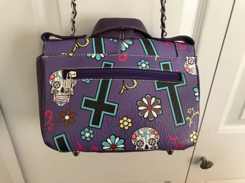 Cowgirl Trendy SUGAR SKULL MOTORCYCLE JACKET HANDBAG w/Flap & Chain Strap PURPLE
