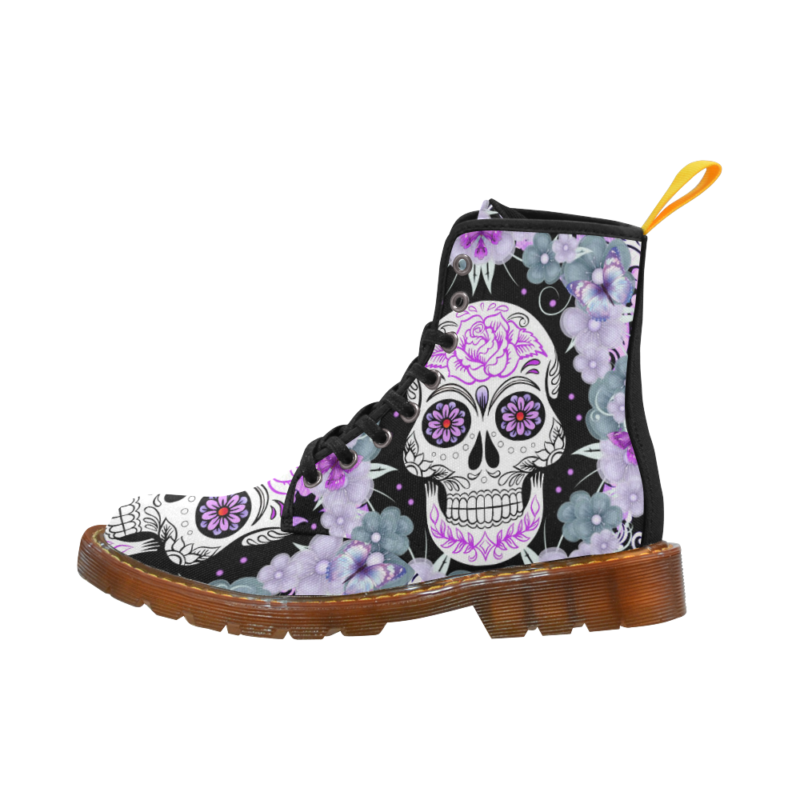 Smile Sugar Skull and Flowers Cool Girl's Canvas Martin Boots for Women