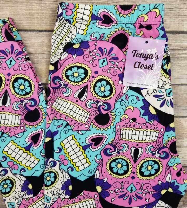 Sugar Skull Leggings Pink Purple Blue Skeleton Print Butter Soft ONE SIZE OS