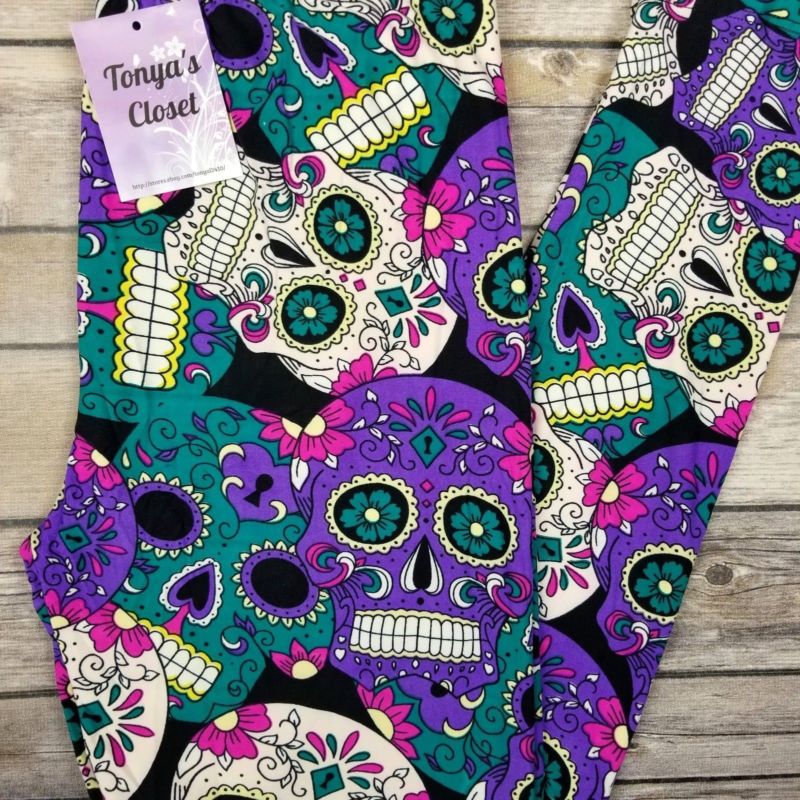 Sugar Skull Leggings Purple Teal Pink Skeleton Printed ONE SIZE OS 2-10
