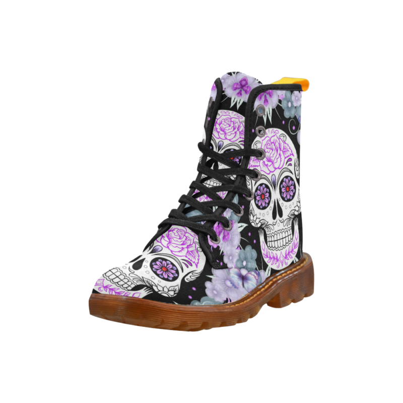 Smile Sugar Skull and Flowers Cool Girl's Canvas Martin Boots for Women