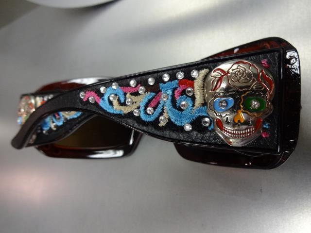 Women's WESTERN Bling COWGIRL SUN GLASSES Brown Frame & Lens Sugar Skull Concho