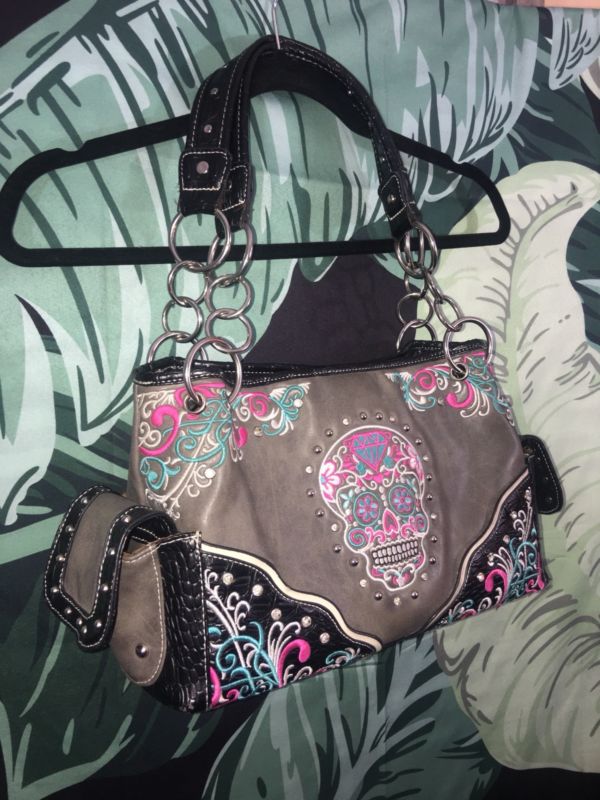 Sugar Skull Pink Blue Embellished Studded Rhinestone Purse Shoulder Bag Handbag