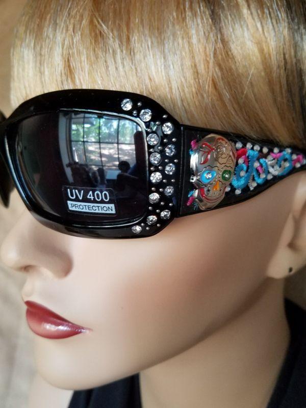 Women's WESTERN Bling COWGIRL SUN GLASSES Brown Frame & Lens Sugar Skull Concho