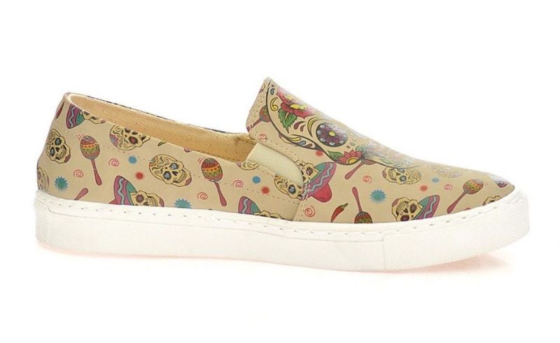 NEW GOBY SUGAR SKULL FLORAL SLIP-ON SNEAKER TENNIS SHOES BEIGE