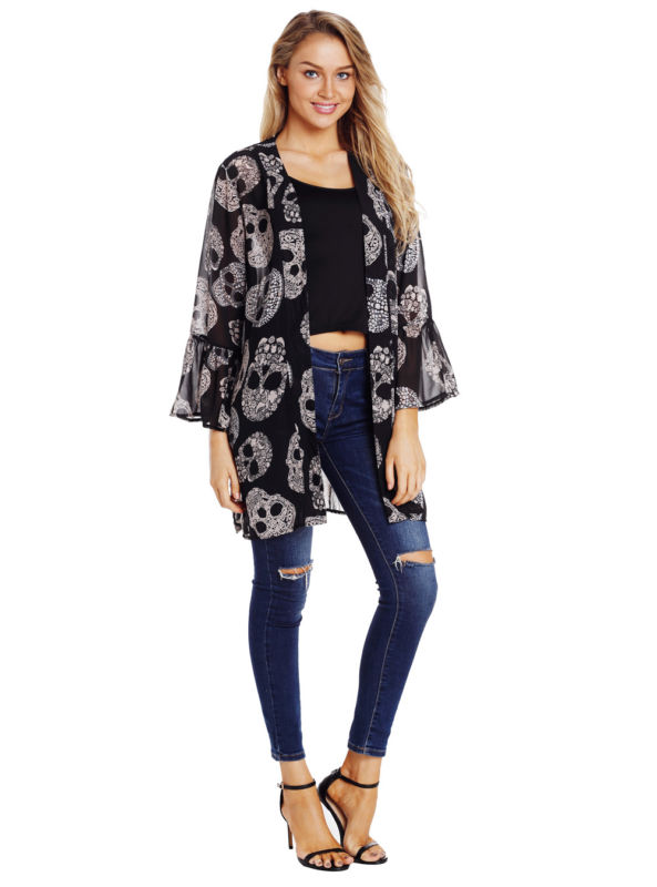 Womens Skull Print Chiffon Kimono Coat Flare Sleeve Summer Beach Casual Cardigan