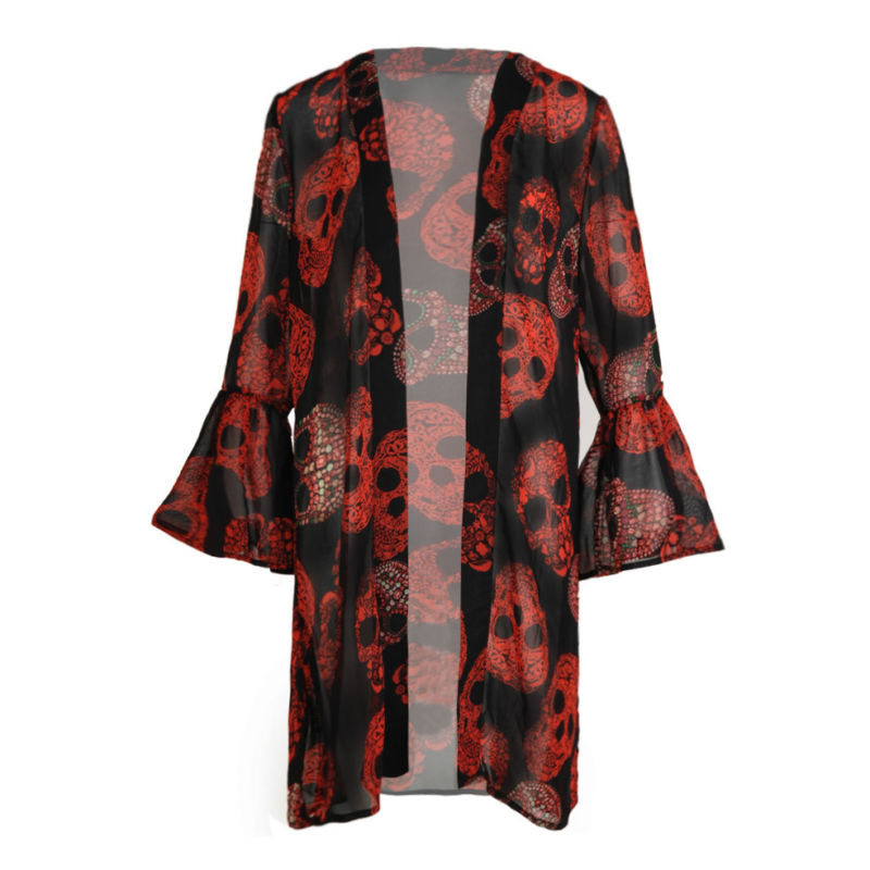 Womens Skull Print Chiffon Kimono Coat Flare Sleeve Summer Beach Casual Cardigan