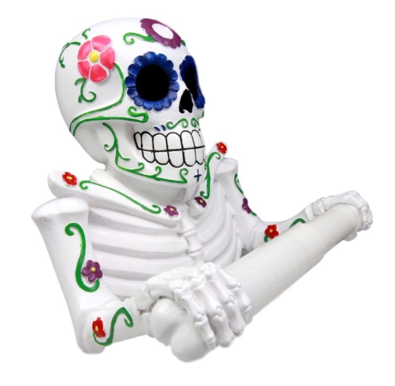 White Day Of The Dead Sugar Skull Floral Skeleton Bathroom Toilet Paper Holder