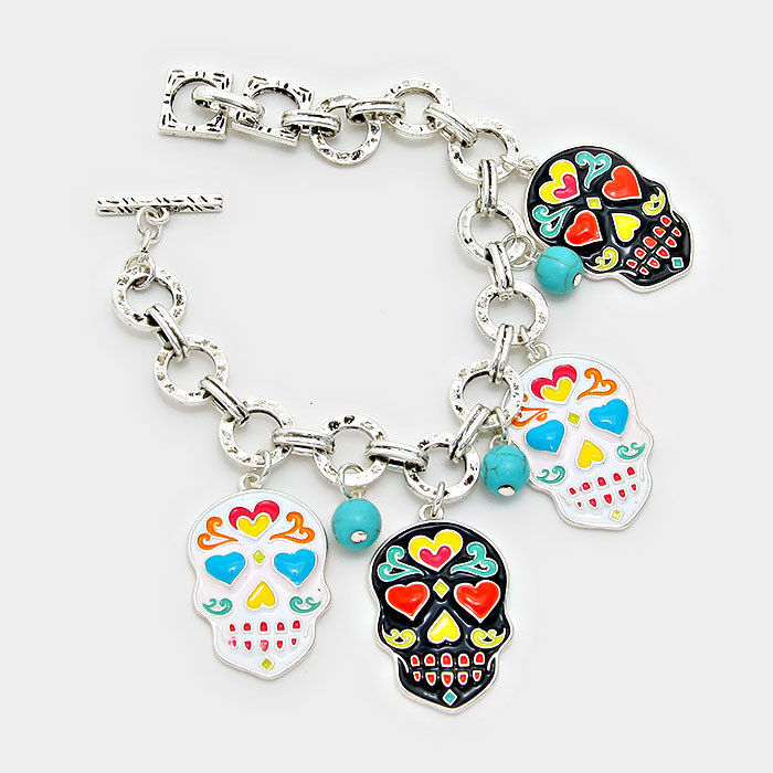 Day of the Dead Mexican Enamel Sugar Skull Silver Toned Charm Bracelet, 7.5"