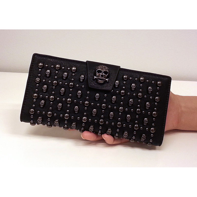 Women's Skull Rivet Long Zippy Purse Card Holder Leather Clutch Steampunk Wallet