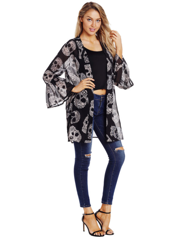 Womens Skull Print Chiffon Kimono Coat Flare Sleeve Summer Beach Casual Cardigan