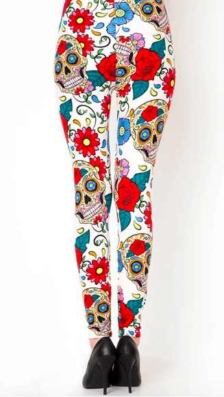 Women's Sugar Skull Day of Sharon Rose Print Soft White Leggings One Size 2-12
