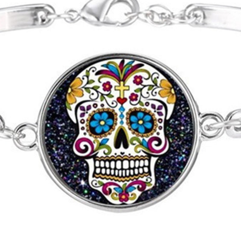 Art Gothic Bracelet Wristband Skull Bangle Glass Flower Sugar Silver Plated