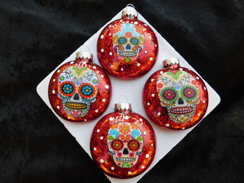 Sugar Skulls Decorated Glass Christmas Ornaments - Set of 4
