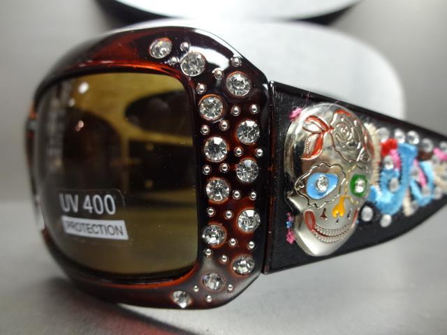 Women's WESTERN Bling COWGIRL SUN GLASSES Brown Frame & Lens Sugar Skull Concho