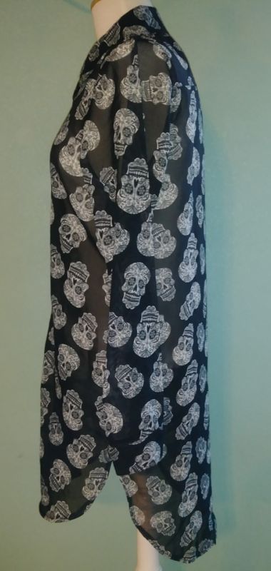 Women's Long Sleeve Sugar Skull Sheer Long Blouse Size S/M
