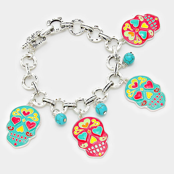 Day of the Dead Mexican Enamel Sugar Skull Silver Toned Charm Bracelet, 7.5"
