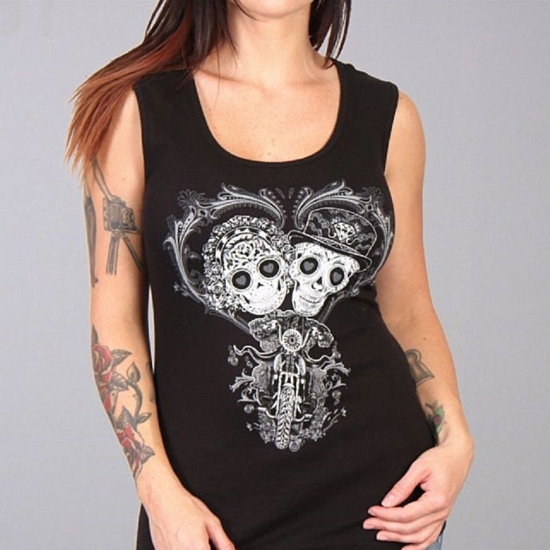 Ladies Sugar Skull COUPLE Tank Top Womens Motorcycle Biker Wedding t-shirt