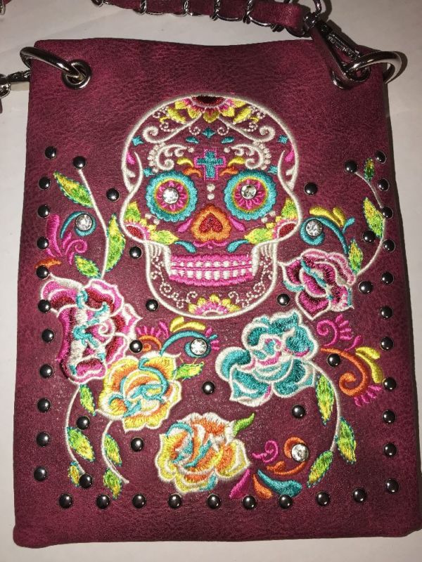 P&G Collection Sugar Skull Clutch Crossbody Phone Purse Burgundy