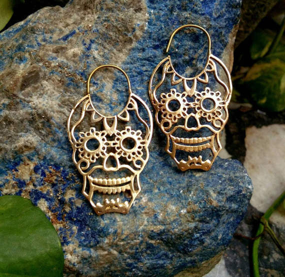 SKULL HANDMADE TRIBAL BRASS BOHO HOOP GYPSY EARRINGS GAUGES GIRLS