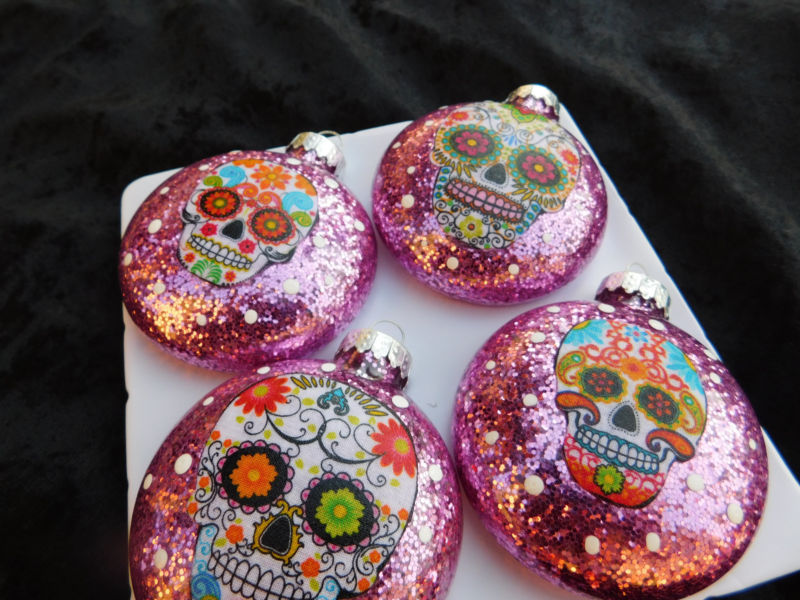 Sugar Skulls Decorated Glass Christmas Ornaments - Set of 4