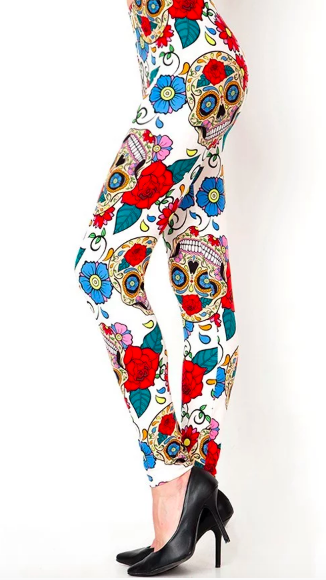 Women's Sugar Skull Day of Sharon Rose Print Soft White Leggings One Size 2-12
