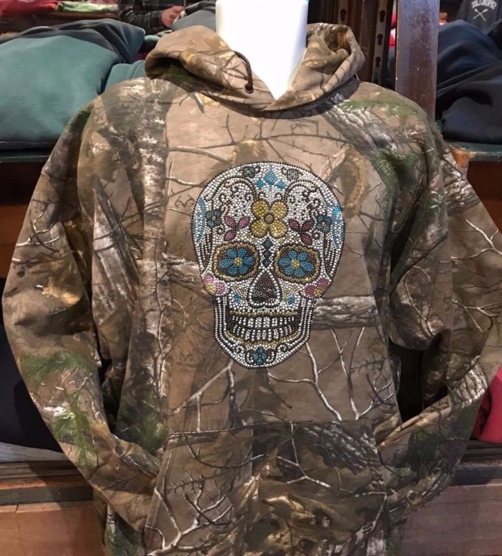 CAMOUFLAGE RHINESTUDS SUGAR SKULL HOODED/HOODIE SWEATSHIRT ****)VERY COOL!!