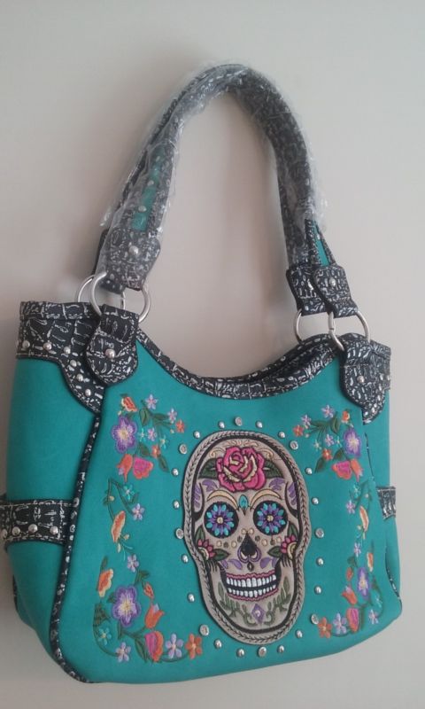 SUGAR SKULL CONCEALED CARRY HANDBAG PURSE BLUE COME WITH 2 FREE GIFTS - SKULL HAT AND A BRACELET