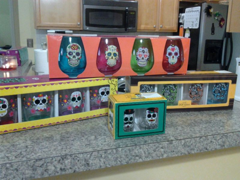 Sugar Skulls Day Of The Dead Party Set Wine, His & Hers Shot Glasses & Lantern